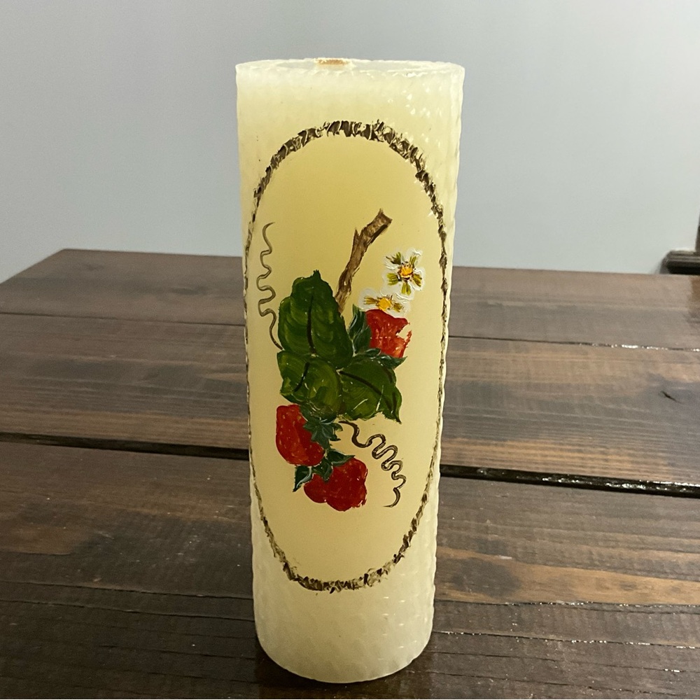 Vintage Pillar Candle with Painted Strawberry Design